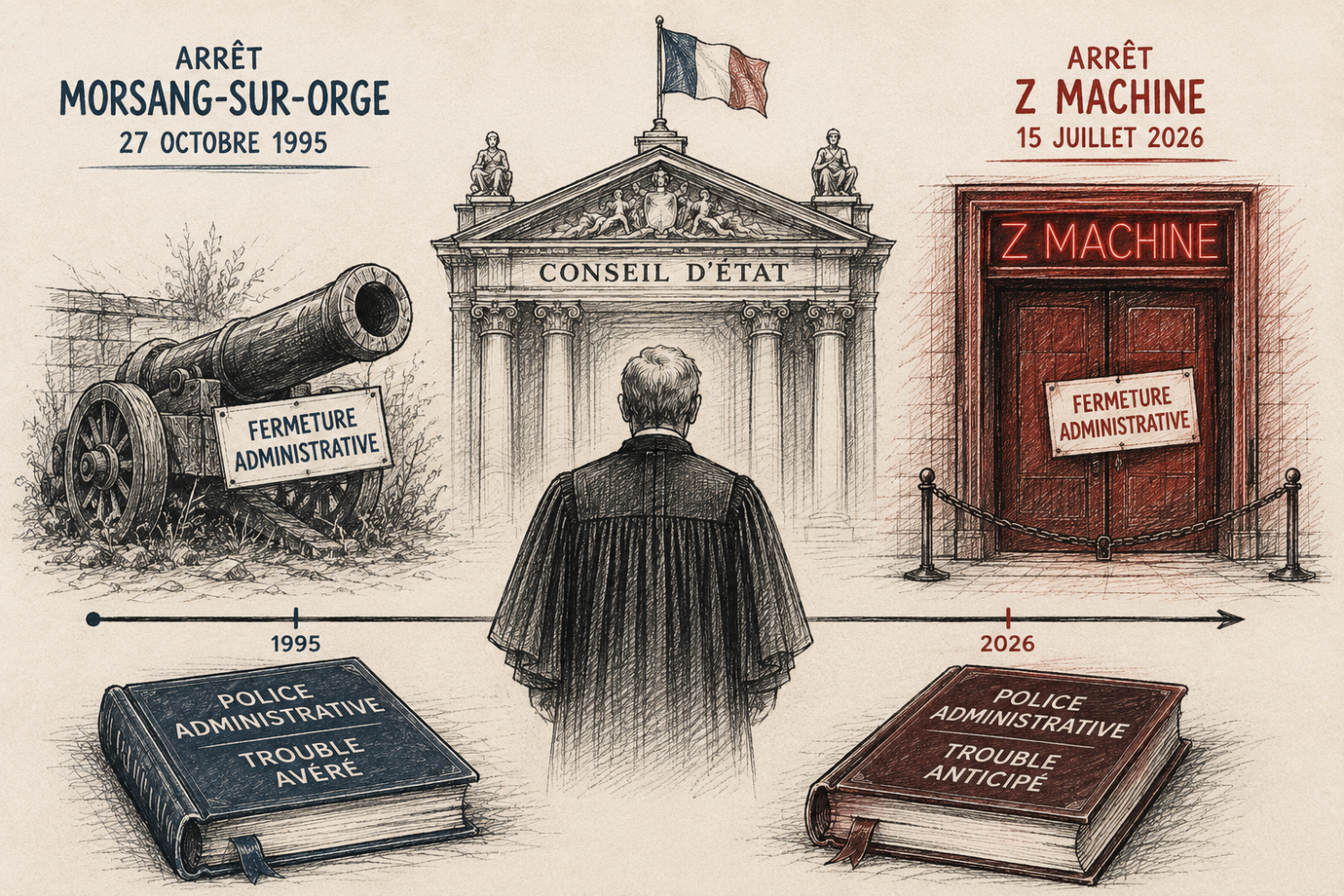 Schéma illustrant l'évolution de la police administrative entre l'arrêt Morsang-sur-Orge (1995) et l'arrêt Z Machine (2026), autour de la dignité de la personne humaine et du trouble anticipé à l'ordre public. - Crédit photo : &copy; Boyer Avocats