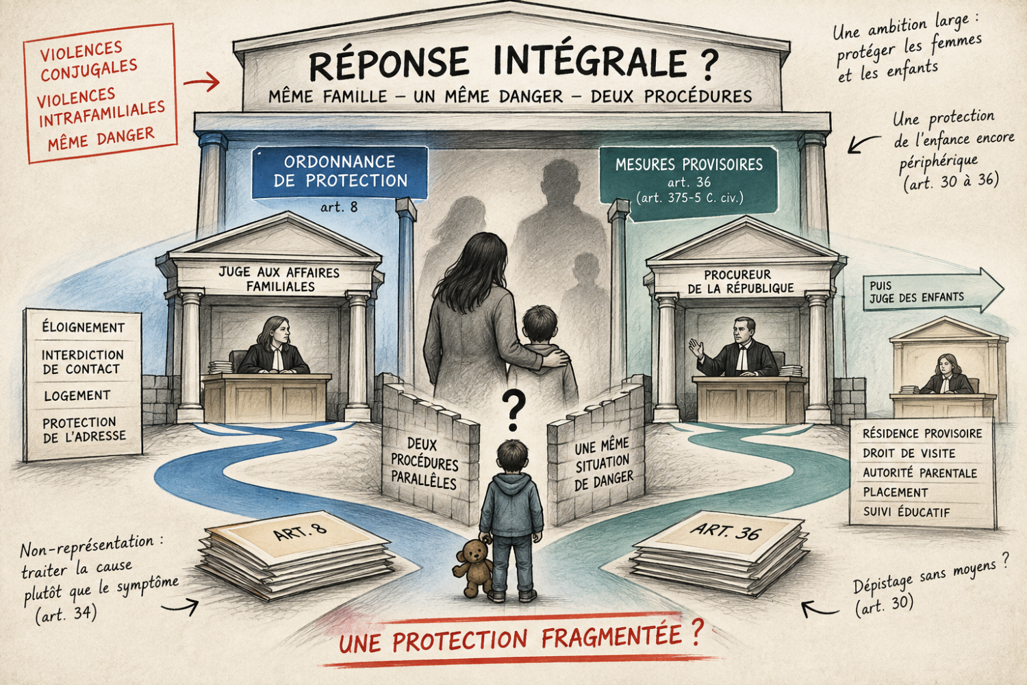 Schéma illustrant la fragmentation de la protection entre conjoint victime et enfant dans la loi intégrale, avec deux procédures distinctes devant le JAF et le parquet puis le juge des enfants. - Crédit photo : &copy; Boyer Avocats